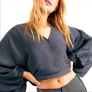 Free People Silk Midnight Vibes Blue Deep Cut Top Blouse Size Large